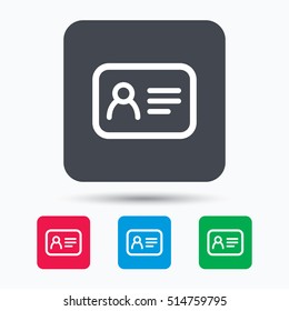 ID card icon. Personal identification document symbol. Colored square buttons with flat web icon. Vector