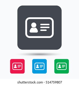 ID card icon. Personal identification document symbol. Colored square buttons with flat web icon. Vector