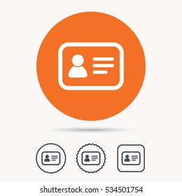 ID card icon. Personal identification document symbol. Orange circle button with web icon. Star and square design. Vector