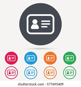 ID card icon. Personal identification document symbol. Round circle buttons. Colored flat web icons. Vector