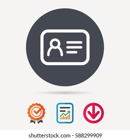 ID card icon. Personal identification document symbol. Report document, award medal with tick and new tag signs. Colored flat web icons. Vector