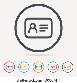 ID card icon. Personal identification document symbol. Round circle buttons. Colored flat web icons. Vector