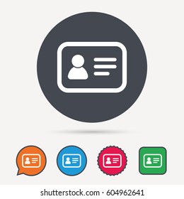 ID card icon. Personal identification document symbol. Circle, speech bubble and star buttons. Flat web icons. Vector