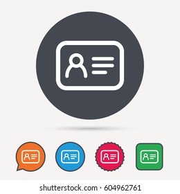 ID card icon. Personal identification document symbol. Circle, speech bubble and star buttons. Flat web icons. Vector