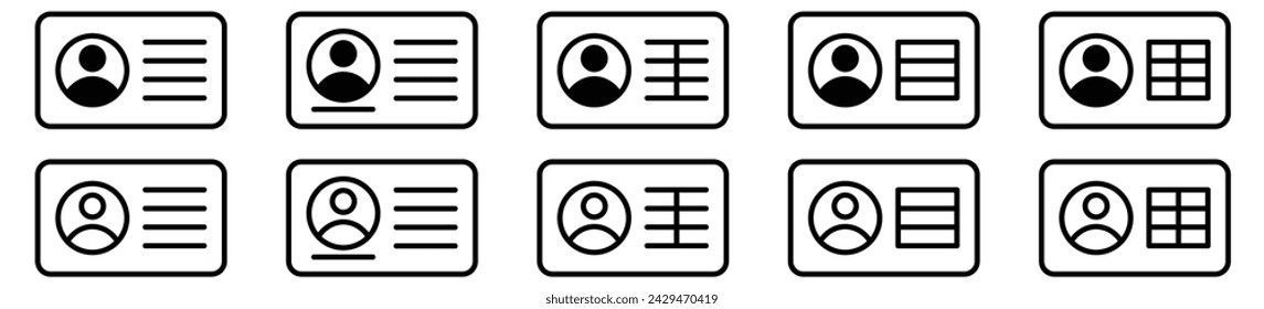 ID-Karten-Symbol gesetzt. ID-Karte mit Circle Tick-Symbol genehmigt. Führerschein-Identifikationskarte-Symbol, Vektorgrafik.
