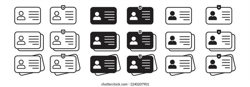 Juego de iconos de tarjeta de identificación. colección de iconos de tarjeta de identificación. Símbolo del icono de la tarjeta de identificación de la licencia del conductor. Símbolo de identificación. Signo de identidad. Ilustración vectorial.