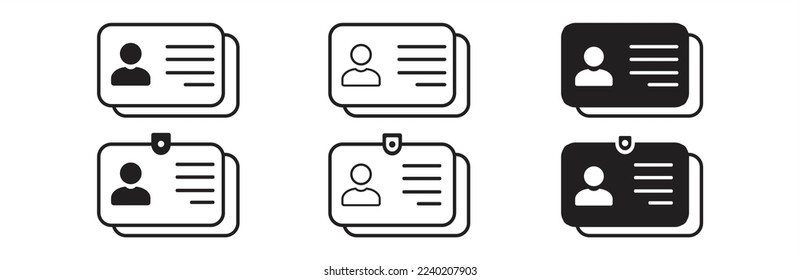 ID Card icon set. ID Card icon collection. Driver's license Identification card icon symbol. ID Badge Symbol. Identity sign. Vector illustration.