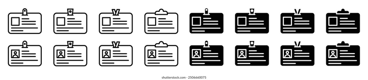 ID card icon set featuring ID card badge icons, including identification cards and driver's license symbols. Vector illustration