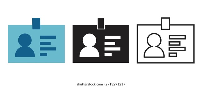ID-Kartensymbol mit flachen, durchgezogenen und Umrissformaten. Identifizierungskennzeichen für Mitarbeiterprofil, Sicherheitszugriff, Corporate Identity und Systeme zur Verifizierung des Unternehmens.