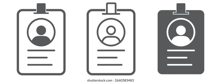 Conjunto de iconos de tarjeta de identificación. Insignia de tarjeta de identificación de línea y glifo. Pasar la identidad de la tarjeta. Ilustración vectorial de stock.