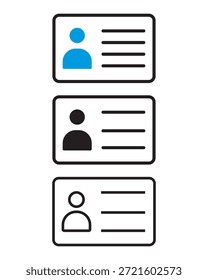 Icono de tarjeta de identificación establecido en tres estilos: color plano, glifo sólido y contorno. Ilustración vectorial del perfil de usuario, la insignia de Identificación y la Licencia del conductor. Diseño aislado para App y Web.