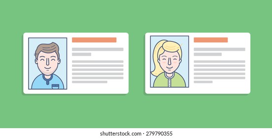 ID card icons of man and woman on a green background. Vector illustration. Flat design style