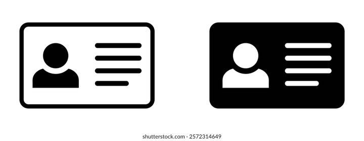 ID card icons in outline and solid styles showing profile and details, suitable for identity, access, passes, badges, and user verification.