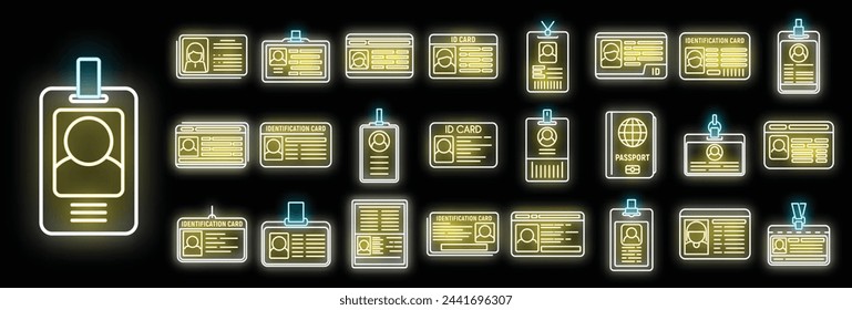 Id card icons set outline vector. Tag name. Template pass neon color on black