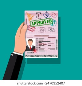 ID card. Identity card, national id card, passport card with visas stamps in hand. Electronic chip and man photo. Vector illustration in flat design