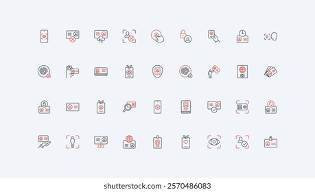 ID card, identity and personality identification with documents, biometric scan line icon set. Face and fingerprint recognition to access thin black and red outline symbols vector illustration