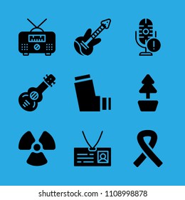 id card, inhaler, electric guitar, plant, awareness ribbon, radioactive, spanish guitar, radio and microphone vector icon. Simple icons set