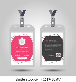 Id card with lanyard set isolated vector illustration. Blank plastic access card, name tag holder with pin ribbon, corporate card key, personal security badge, press event pass template.
