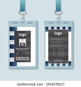 Id card with lanyard set isolated vector illustration. Blank plastic access card, name tag holder with pin ribbon, corporate card key, personal security badge, press event pass template. - Vector.