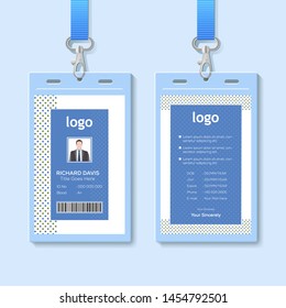 Id card with lanyard set isolated vector illustration. Blank plastic access card, name tag holder with pin ribbon, corporate card key, personal security badge, press event pass template. - Vector.