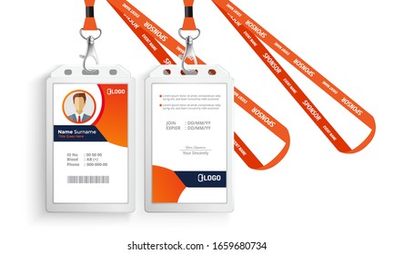 Id card with lanyard set isolated vector illustration. Blank plastic access card, name tag holder with pin ribbon, corporate card key, personal security badge, press event pass template.