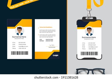 Id card with lanyard set isolated vector illustration. Blank plastic access card, name tag holder with pin ribbon, corporate card key, personal security badge, press event pass template.	
