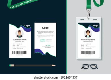 Id card with lanyard set isolated vector illustration. Blank plastic access card, name tag holder with pin ribbon, corporate card key, personal security badge, press event pass template.