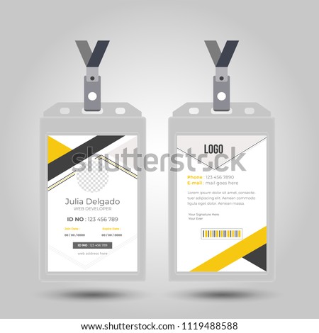 Id card with lanyard set isolated vector illustration. Blank plastic access card, name tag holder with pin ribbon, corporate card key, personal security badge, press event pass template.