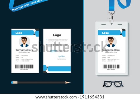 Id card with lanyard set isolated vector illustration. Blank plastic access card, name tag holder with pin ribbon, corporate card key, personal security badge, press event pass template.
