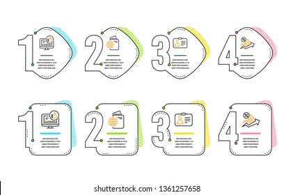Id card, Like video and Travel passport icons simple set. Loan percent sign. Human document, Thumbs up, Trip document. Growth chart. Infographic timeline. Line id card icon. 4 options or steps. Vector