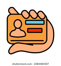 Icono de línea de tarjeta de identificación. Mano, Identificación, tarjeta, identidad, verificación, insignia, datos personales, seguridad, name tag, credencial, membresía, acceso, documento, titular, autorizar, prueba de identidad, oficial