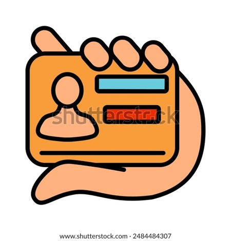 ID card line icon. Hand, identification, card, identity, verification, badge, personal data, security, name tag, credentials, membership, access, document, holder, authorize, identity proof, official