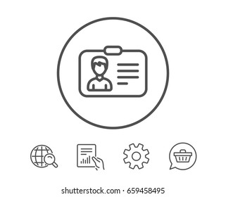 ID card line icon. User Profile sign. Male Person silhouette symbol. Identification plastic card. Hold Report, Service and Global search line signs. Shopping cart icon. Editable stroke. Vector