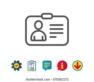 ID card line icon. User Profile sign. Person silhouette symbol. Identification plastic card. Report, Service and Information line signs. Download, Speech bubble icons. Editable stroke. Vector