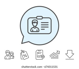 ID card line icon. User Profile sign. Male Person silhouette symbol. Identification plastic card. Report, Sale Coupons and Chart line signs. Download, Group icons. Editable stroke. Vector