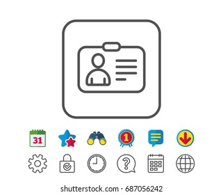 ID card line icon. User Profile sign. Person silhouette symbol. Identification plastic card. Calendar, Globe and Chat line signs. Binoculars, Award and Download icons. Editable stroke. Vector