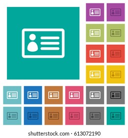 ID card multi colored flat icons on plain square backgrounds. Included white and darker icon variations for hover or active effects.