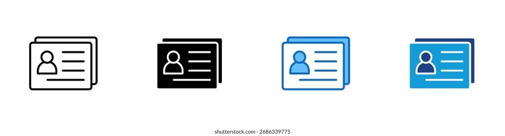 ID Card Multiple Style Icon Design Vetor - Cartão de identificação com perfil de usuário, simbolizando dados pessoais, crachá de funcionário ou associação