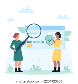 Tarjeta de identificación, ilustración vectorial de identificación de datos de personas. Los personajes minúsculos de la caricatura protegen y guardan la información confidencial con un escudo de seguridad, verifican el documento con un botón con una lupa