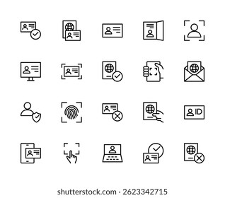 Conjunto de iconos lineales de Vector relacionados con la tarjeta de identificación. Contiene iconos como verificación, identidad, documento, tarjeta de identificación, pasaporte, escaneo y más. Colección de iconos relacionados con la tarjeta de identificación aislada sobre fondo blanco.