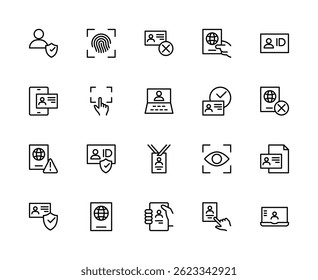 ID card related vector linear icons set. Contains such icons as document, ID card, passport, biometrics, scan, identification and more. Isolated ID card related icons collection on white background.