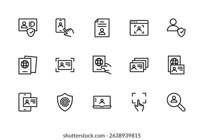 ID card related vector linear icons set. Isolated icon collection such as personal, data, authentication, profile, security, confirmation, id and more. Isolated icon collection of ID card related.