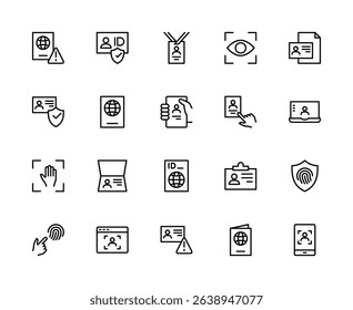 ID card related vector linear icons set. Contains such icons as passport, biometrics, scan, face, identification, fingerprint and more. Isolated ID card related icons collection on white background.