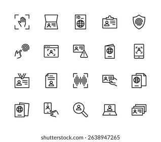 ID card related vector linear icons set. Contains such icons as scan, face, identification, fingerprint, digital, user, data and more. Isolated ID card related icons collection on white background.