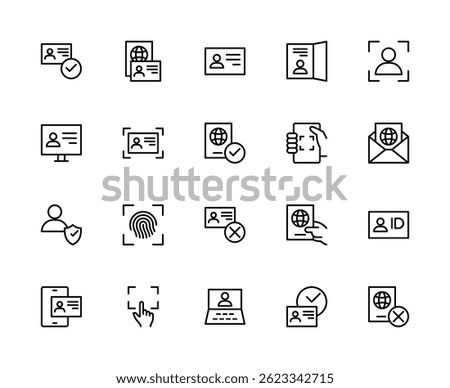ID card related vector linear icons set. Contains such icons as verification, identity, document, ID card, passport, scan and more. Isolated ID card related icons collection on white background.