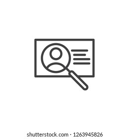 id card search outline icon. linear style sign for mobile concept and web design. Scan identification card magnifier simple line vector icon. Symbol, logo illustration. Pixel perfect vector graphics