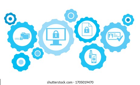 Id card, security gear blue icon set. Abstract background with connected gears and icons for logistic, service, shipping, distribution, transport, market, communicate concepts