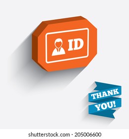 ID card sign icon. Identity card badge symbol. White icon on orange 3D piece of wall. Carved in stone with long flat shadow. Vector