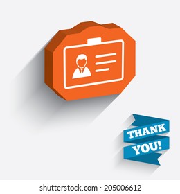 ID card sign icon. Identity card badge symbol. White icon on orange 3D piece of wall. Carved in stone with long flat shadow. Vector