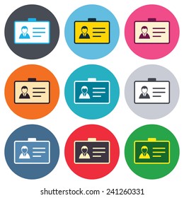 ID card sign icon. Identity card badge symbol. Colored round buttons. Flat design circle icons set. Vector